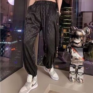 Satin Harem Trouser Running Pants, Black Jogger Track Pants, Size Large